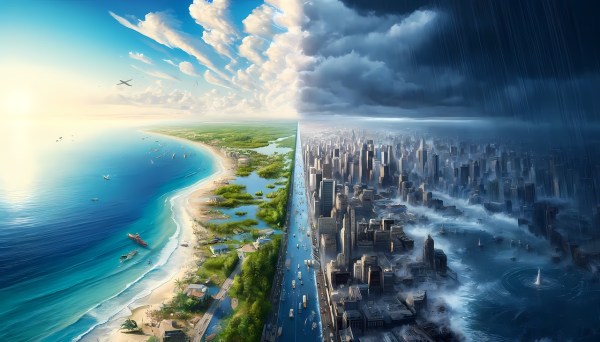 left side of image is a blue sky beautiful beach, right side of image shows a desolate, climate-torn coast